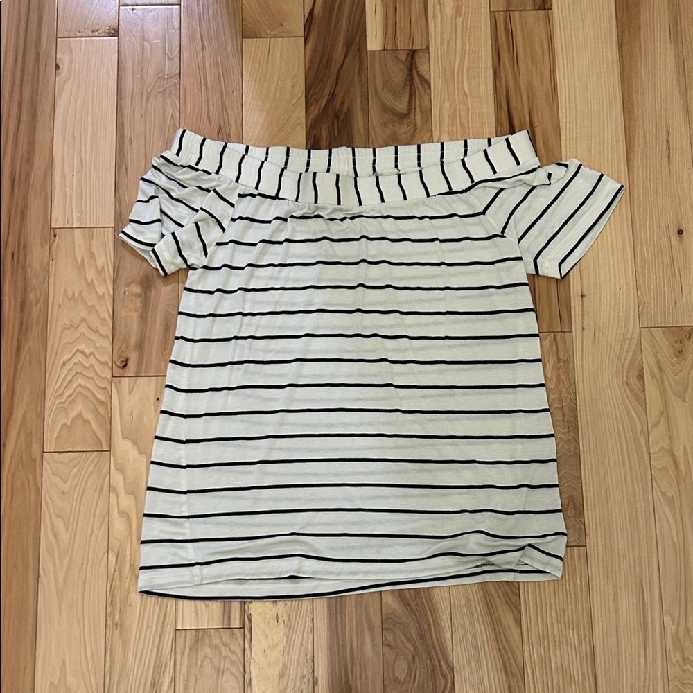 A Pea in the Pod Off-Shoulder Cream and Black Striped Blouse